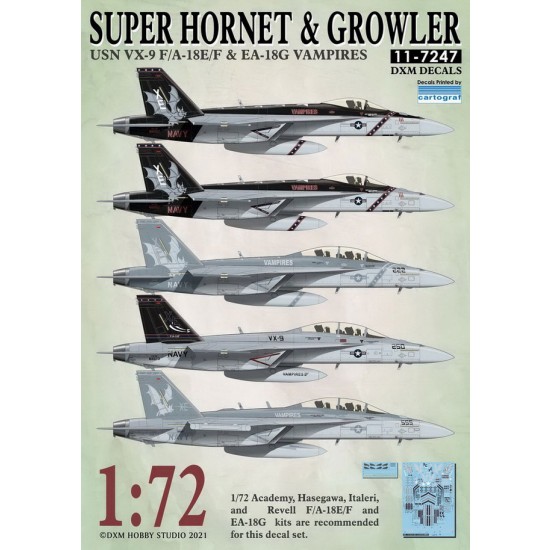 1/72 USN F/A-18E/F & EA-18G VX-9 Vampires Decals for Academy/Hasegawa/Italeri/Revell kits