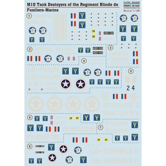 Decals for 1/35 M10 Tank Destroyer of the Regiment Blinde de Fusiliers-Marines