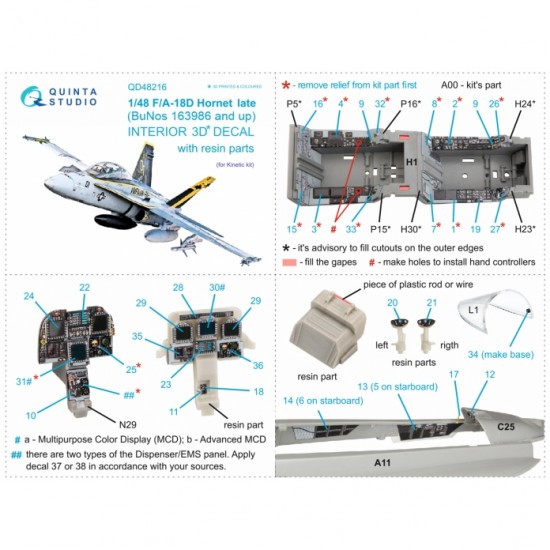 1/48 F/A-18D Late 3D-Printed & Coloured Interior on Decal Paper w/resin for Kinetic kits