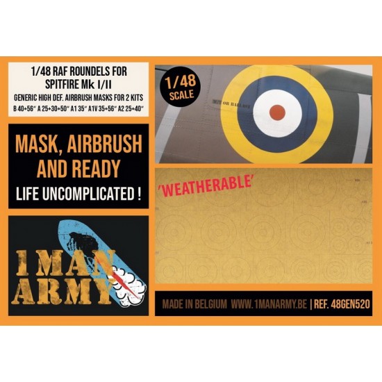 1/48 RAF Spitfire Mk I/II Roundels Generic Airbrush Masks Set for over 20 kits