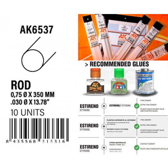 Styrene Rod 0.75 diameter x 350mm (10pcs)