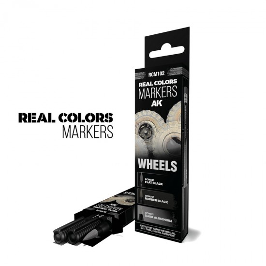 Real Colours Markers - Wheels (3 pens: RCM033 Flat Black, RCM001 Rubber, RCM011)