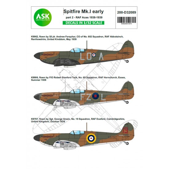 1/32 Spitfire Mk.I Early Decal part 2 - RAF Aces 1938 - 1939