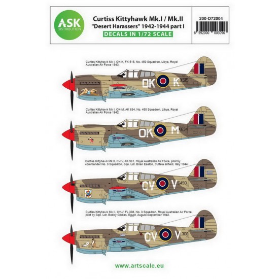 Decals for 1/72 Curtiss Kittyhawk Mk.I / Mk.II "Desert Harassers" 1942-1944 part I