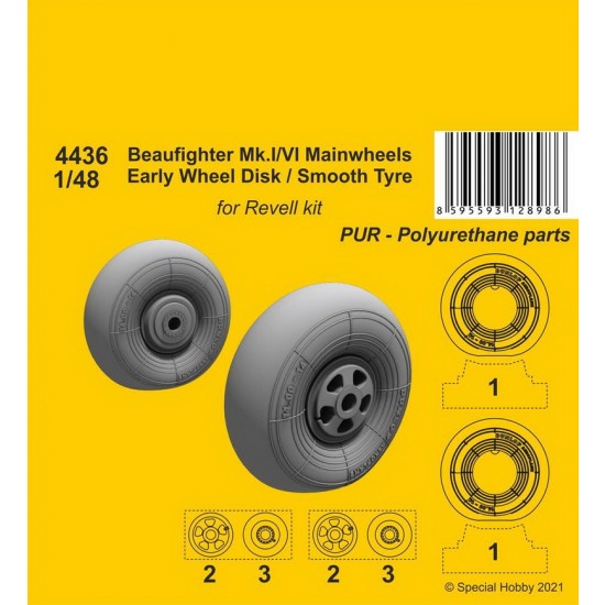 1/48 Beaufighter Mk.I/VI Mainwheels Early Wheel Hub / Smooth Tyre for Revell kits