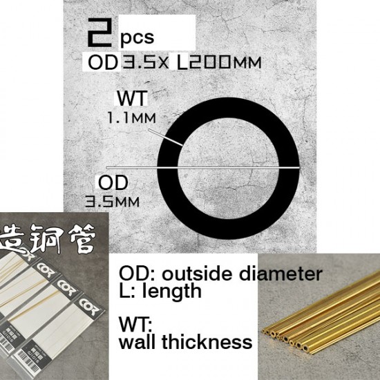 Round Brass Tube - OD: 3.5mm, WT: 1.1mm, L: 200mm (2pcs)