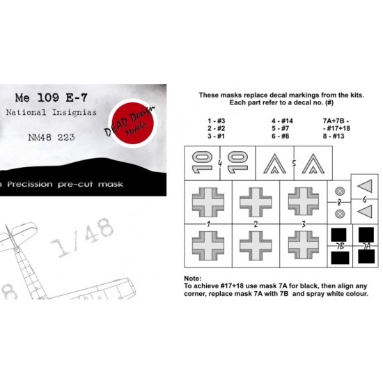 1/48 Messerschmitt Bf 109 E-7 Markings Masking for Wingnut Wings kits