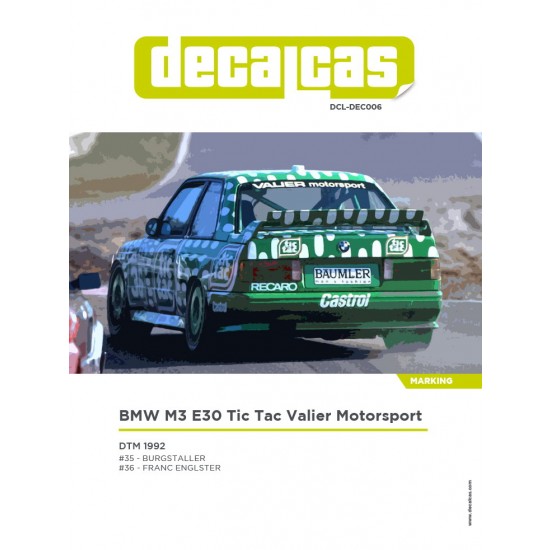 1/24 BMW M3 E30 Team Valier Motorsport sponsored by Tic Tac 1992 Decal for Beemax/Aoshima/Nunu