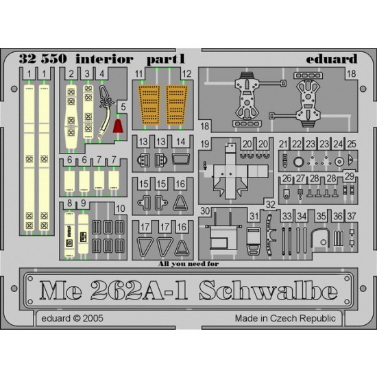 Colour Photoetch for 1/32 Messerschmitt Me 262A Schwalbe Interior for Trumpeter