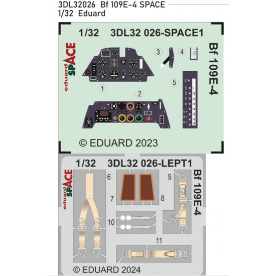 1/32 Bf 109E-4 Panels 3D Decal and Seatbelts PE for Eduard kits