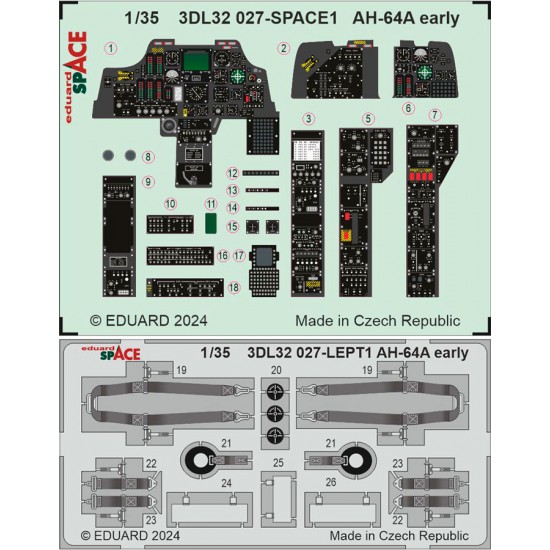 1/35 Boeing AH-64A Apache Early Dashboard 3D Decal and Seatbelts PE for Trumpeter kits