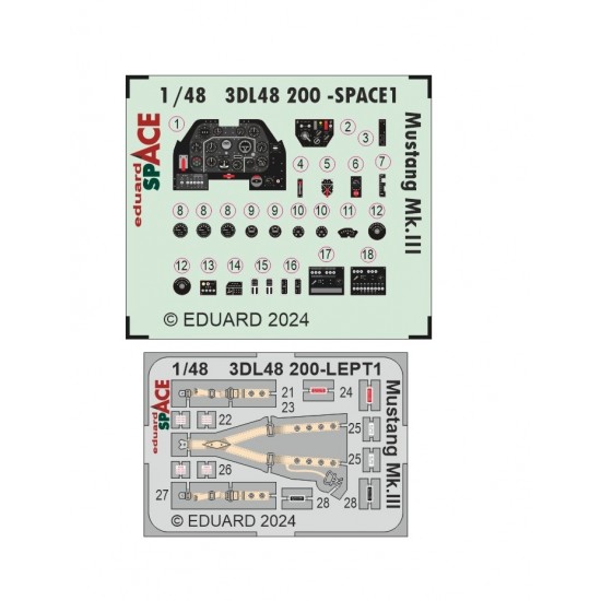 1/48 P-51 Mustang Mk.III Cockpit 3D Decal and PE parts for Eduard kits