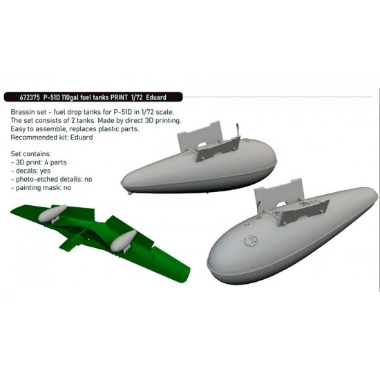 1/72 P-51D Mustang 110Gal Fuel Tanks 3D Print Parts for Eduard kits