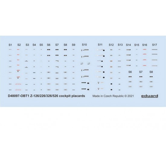 1/48 Zlin Z-126/226/326/526 Cockpit Placards Decals for Eduard kits