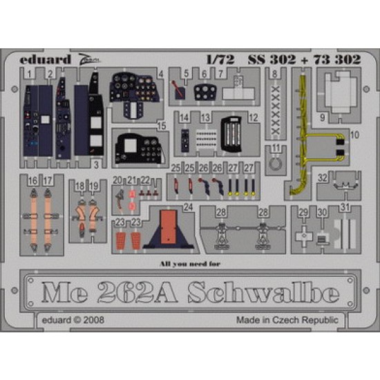 1/72 Messerschmitt Me 262A Schwalbe Colour Photoetch Set Vol.2 for Academy