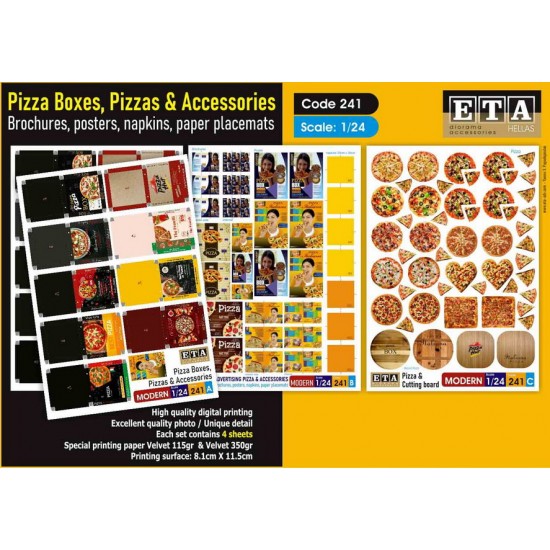 1/24 Modern Pizza Boxes, Brochures, Posters, Napkins, Paper Placemats (4 sheets)