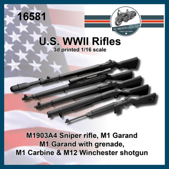 1/16 WWII US Rifles: M1903A4, M1 Garand, Carbine, M12 (3D Printed Kits)