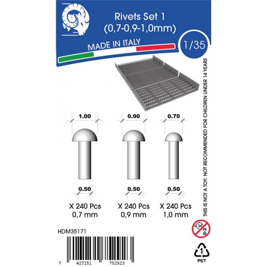 1/35 Rivets (diameter: 0.7mm, 0.9mm, 1mm, 240pcs each)