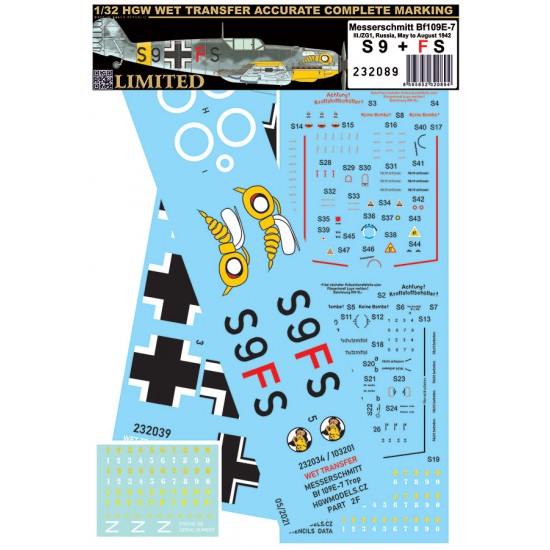 1/32 Bf109E-7 S9 + FS Decals for Dragon/HGW/Hobby 2000 kits