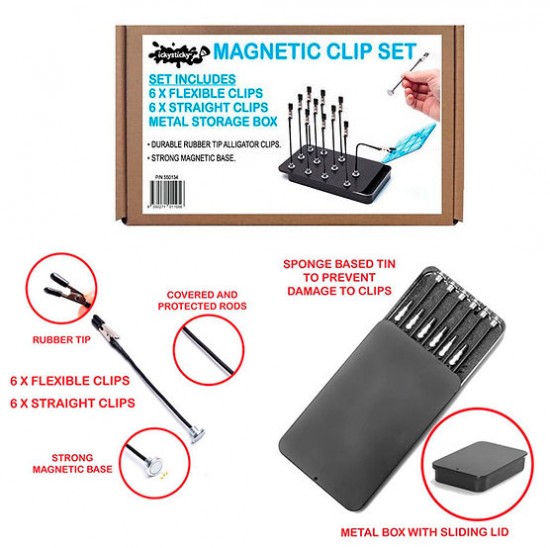 Magnetic Clips with Rubber Tips (12pcs) and Metal Storage Box/Base