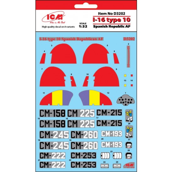 Decals for 1/32 Spanish Republic AF Polikarpov I-16 Type 10