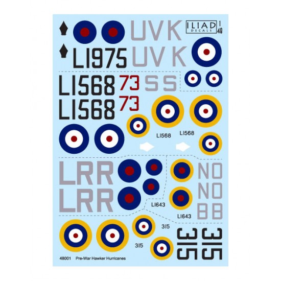 Decals for 1/48 Pre-war Hawker Hurricane Fighter Aircraft