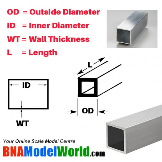 Square Aluminum Tube - OD: 4.76mm, WT: 0.355mm, L: 305mm