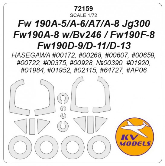 1/72 Fw 190A-5/A-6/A7/A-8 JG300/Fw190A-8W/BV246, 190F-8/D-9/D-11/13 Masking for Hasegawa