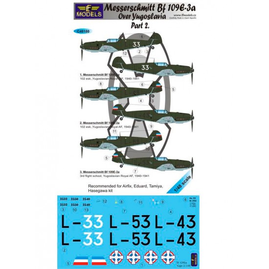 1/48 Bf 109E-3a over Yugoslavia part 2 3 Decal Options for Airfix/Eduard/Tamiya