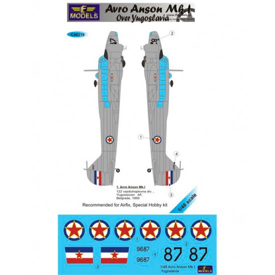 1/48 Avro Anson Mk.I. over Yugoslavia Decal for Airfix/Special Hobby kit.