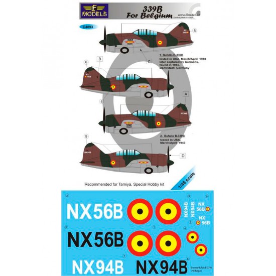 1/48 Brewster Model 339B for Belgium Decal for Tamiya, Special Hobby kit