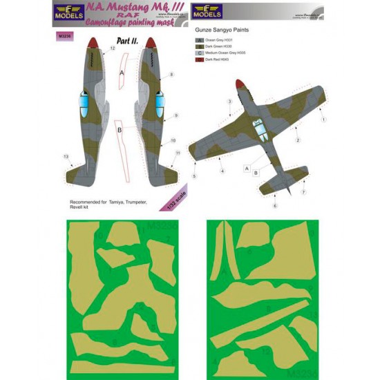 1/32 N.A. Mustang Mk.III RAF pt.II Camo Mask for Tamiya/Trumpeter/Revell