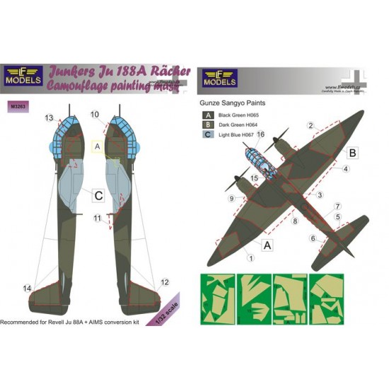 1/32 Junkers Ju 188A Racher Camo Mask for Revell Ju 88A + AIMS conversion. 