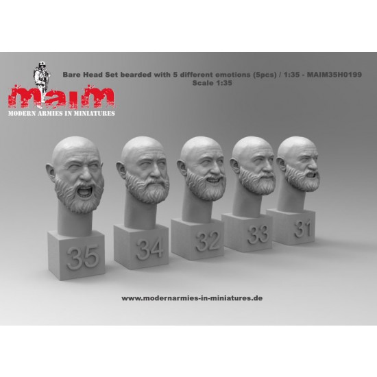 1/35 Bald Head Set Bearded with 5 Different Emotions (5pcs, resin)