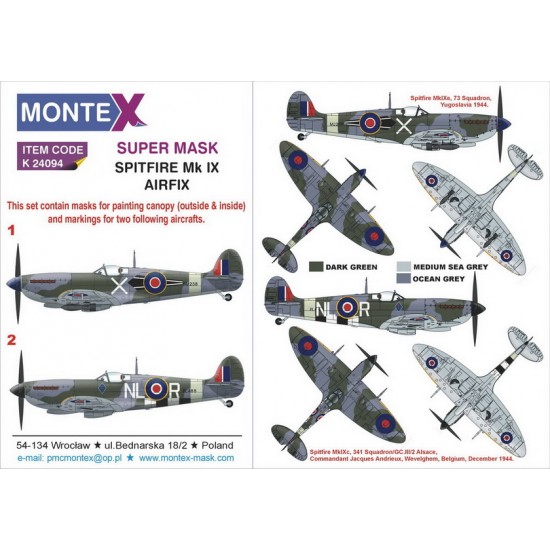 1/24 Spitfire IX Canopy (outside & inside) & Markings Super Mask for Airfix kits