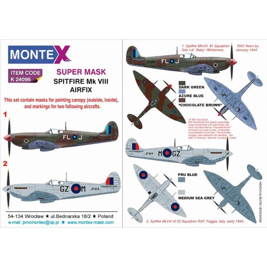 1/24 Spitfire VIII Masks for Airfix kits - 32 Sq, 81 Sq RAF 1944