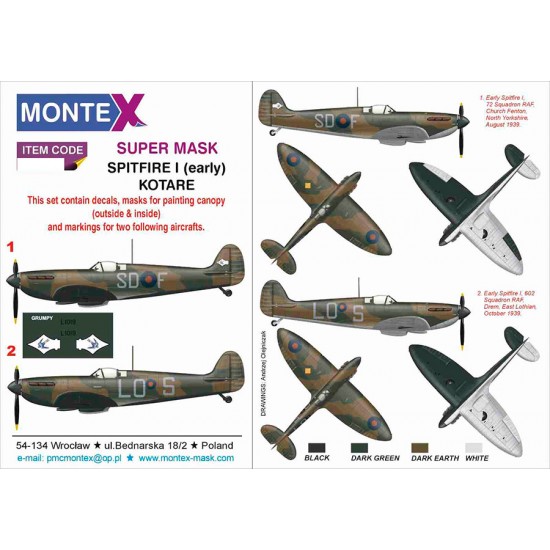 1/32 Spitfire I Early Canopy Masks and Markings for Kotare kits