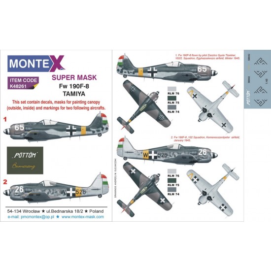 1/48 Focke-Wulf Fw190F-8 Paint Mask for Tamiya kit (Canopy Masks + Insignia Mask + Decals)