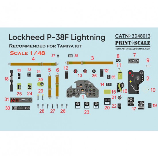 1/48 Lockheed P-38F Lightning Instrumental Panel and Cockpit for Tamiya kits