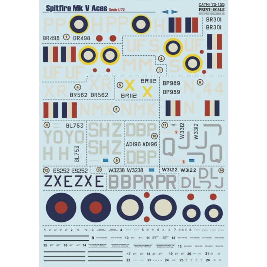 1/72 Wet Decals - Supermarine Spitfire Mk V Aces (1 sheet)