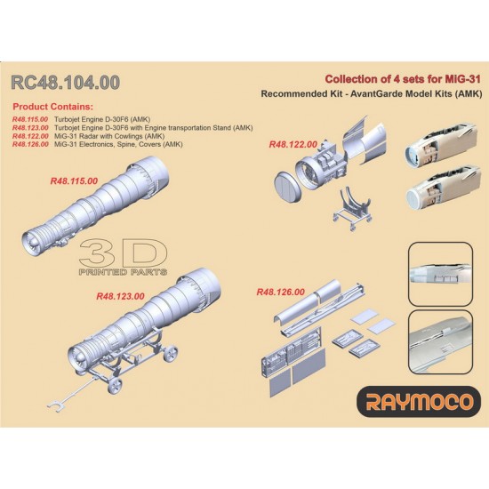 1/48 MiG-31 Detail set: Engine D-30F6, Radar with Cowlings, etc. for AMK kits