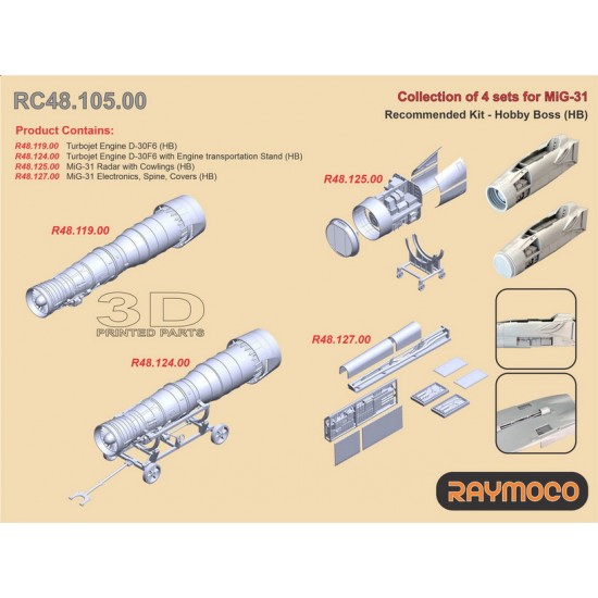 1/48 MiG-31 Detail set: Engine D-30F6, Radar with Cowlings, etc. for Hobby Boss kits