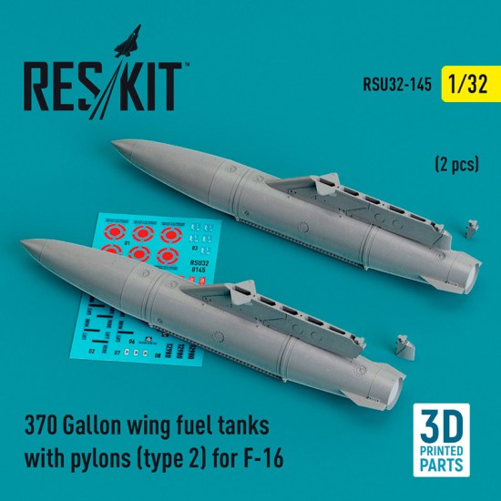 1/32 F-16 370 Gallon Wing Fuel Tanks with Pylons (type 2) (2pcs, 3D Printed) 