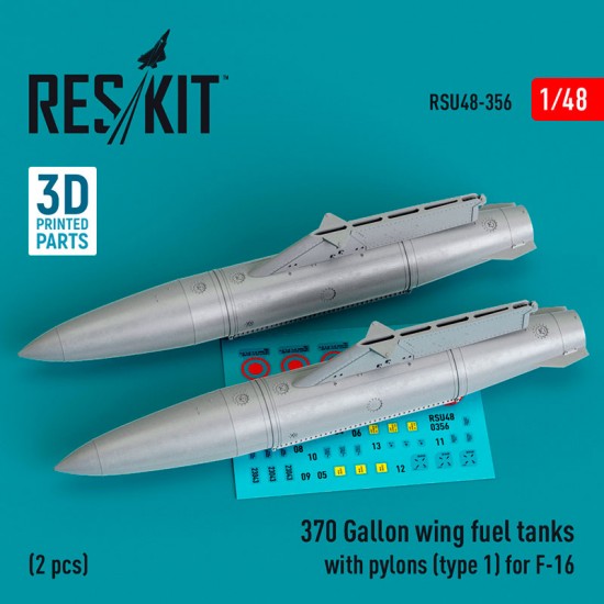 1/48 F-16 370 Gallon Wing Fuel Tanks with Pylons Type #1 (2pcs, 3D Printed)