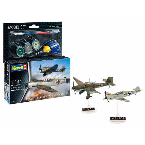 1/144 Model Set - Messerschmitt Bf109E & Ju87B Stuka (kit, paints, brush, glue)