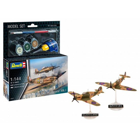 1/144 Model Set - Spitfire Mk.la & Hurricane Mk.l (kit, paints, brush, glue)