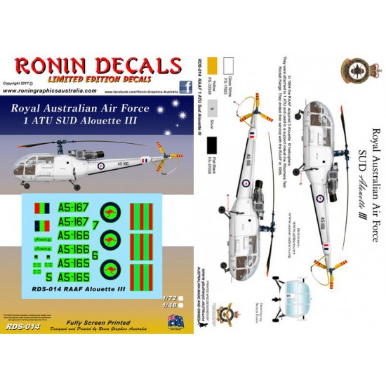 1/48 RAAF 1 ATU SUD Allouette III Helicopter Decals for Heller kits