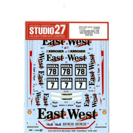 1/24 Mercedes-Benz 190E "AMG-WEST&EAST" #7/#78 DTM 1991 Decals for Fujimi #125718 kit