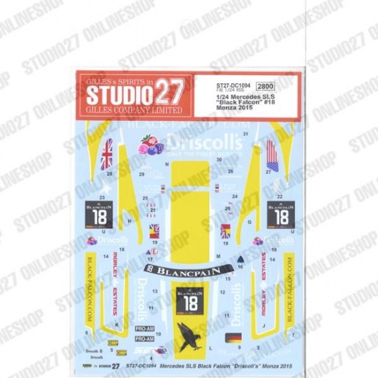 1/24 Mercedes SLS 'Black Falcon' #18 Monza 2015 Decal for Fujimi #123929