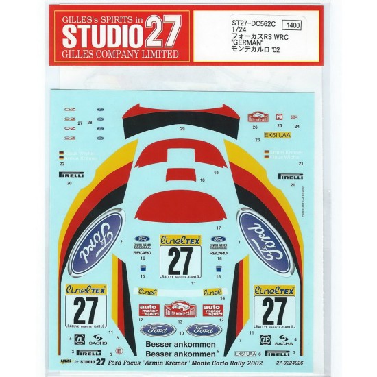 1/24 Ford Focus RS WRC German 2002 Monte Decals